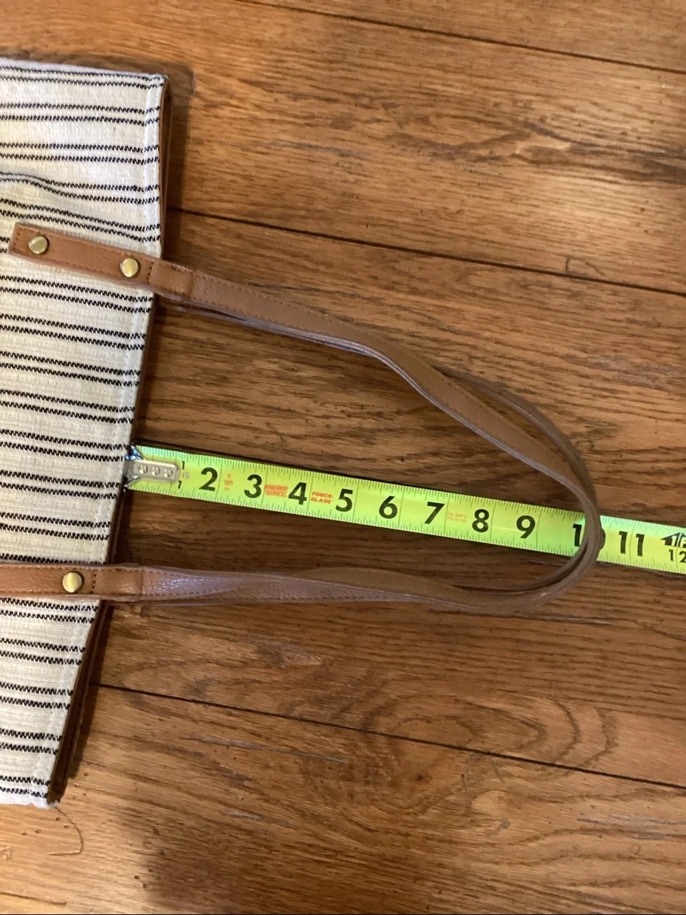 “Grateful” blue and white striped tote bag with tan straps